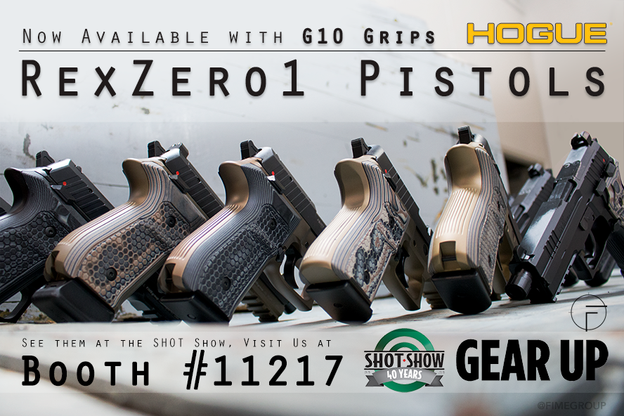 Rex Zero 1 pistols on a display rack
