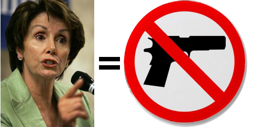 Nancy Pelosi and firearm with a red circle bar