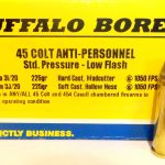 Yellow and blue box of Buffalo Bore ammunition in .45 Colt