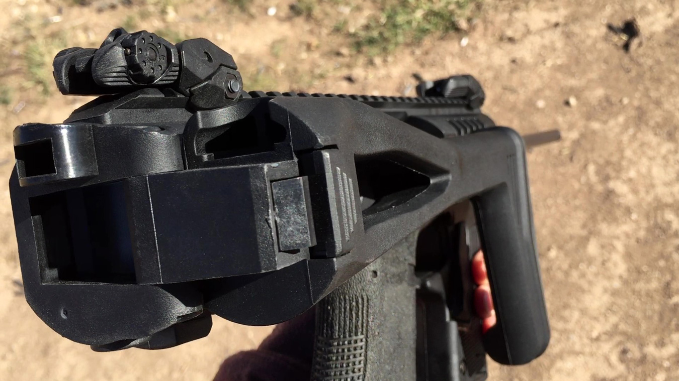 Rear view of the folding stock on the Micro Roni