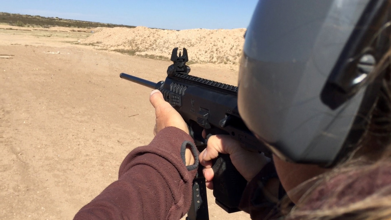 Over the shoulder view shooting the Micro Roni