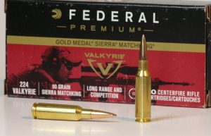Federal 224 Valkyrie cartridges in front of an ammunition box