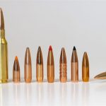 The 224 Valkyrie and some of the bullets it can easily handle. Nosler 55-grain Ballistic Tip on left represents about the heaviest stabilized by traditional 22-centerfires like 220 Swift and 22-250 Rem. Beside it are high B.C. heavyweights: 80-gr. Nosler Custom Competition, 80.5-grain Berger BT Fullbore, 75-grain Hornady A-Max, 70-grain Barnes TSXBT, 75-grain Swift Scirocco, 69-grain Sierra HPBT Match. Sierra’s 90-grain Match King is sitting aboard those loaded Valkyrie rounds.
