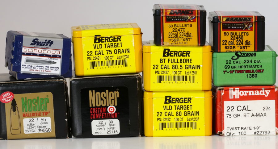 Several boxes of Berger and Nosler bullets