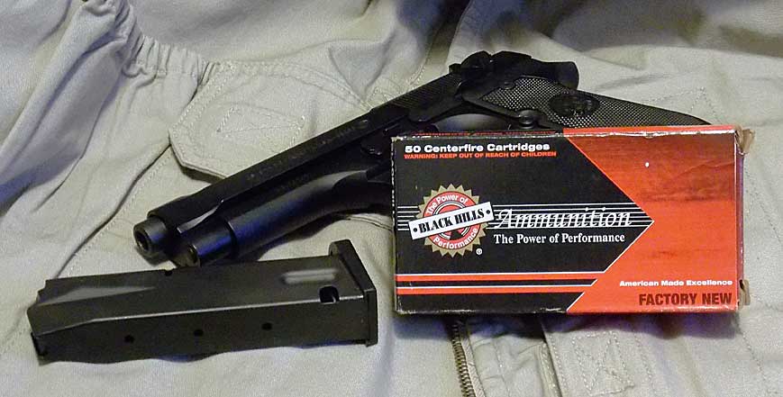Black Hills ammunition box on a Beretta M9 pistol