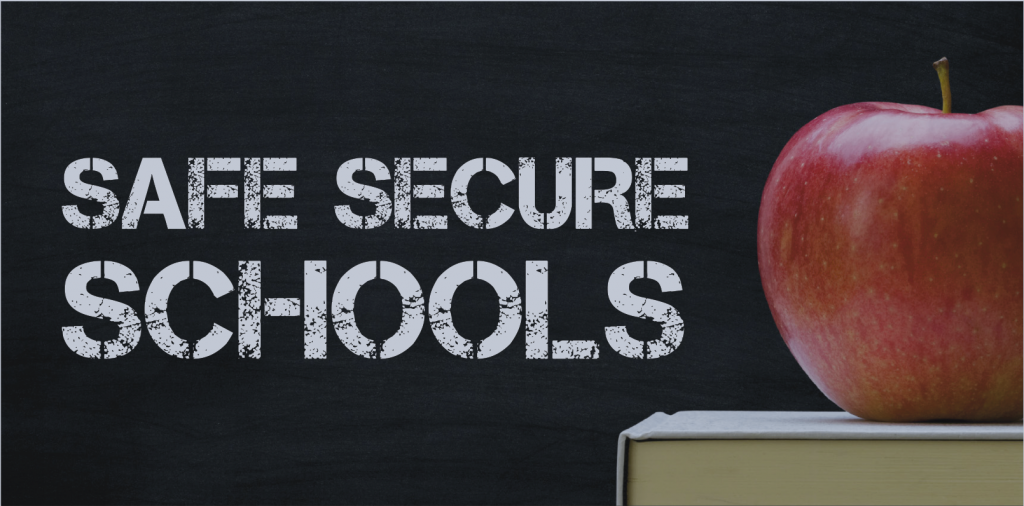 Safe Secure Schools on chalkboard with an apple