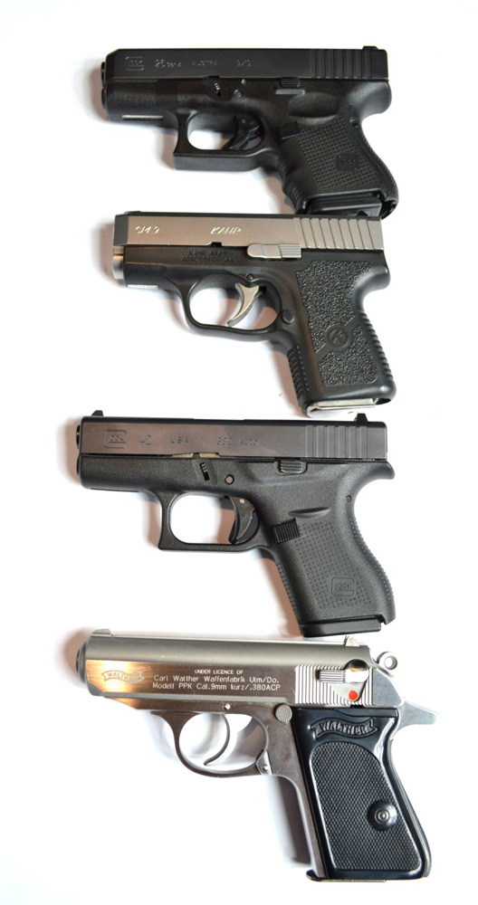 Top-to-bottom Glock G26, Kahr CM9, Glock G42, and Walther PPK
