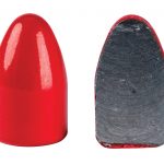 cutaway of a lead core bullet with a red polycoat sheath