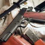 A Colt 1911 pistol cocked and locked.