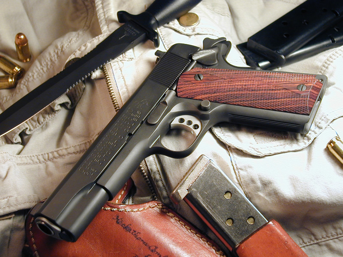 A Colt 1911 pistol cocked and locked.