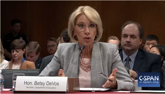 Education Secretary Betsy DeVos testifying before Congress with a focus on guns