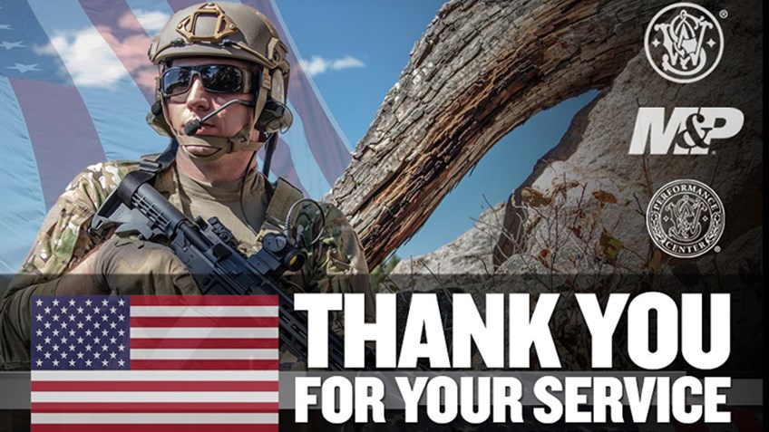 Soldier, American flag and thank you for your service message