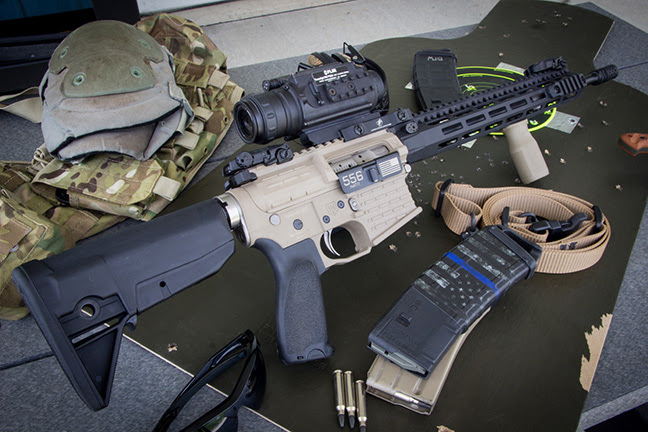 AR-15 rifle with coyote brown receiver and blue line magazine