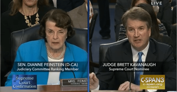 Split screen with Sen Feinstein left and Judge Kavanaugh right during senate confirmation hearing