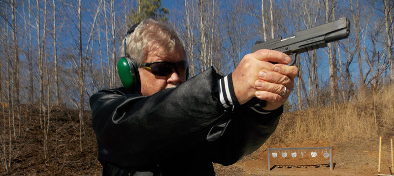 Bob Campbell firing a 1911 pistol for Handgun Training.