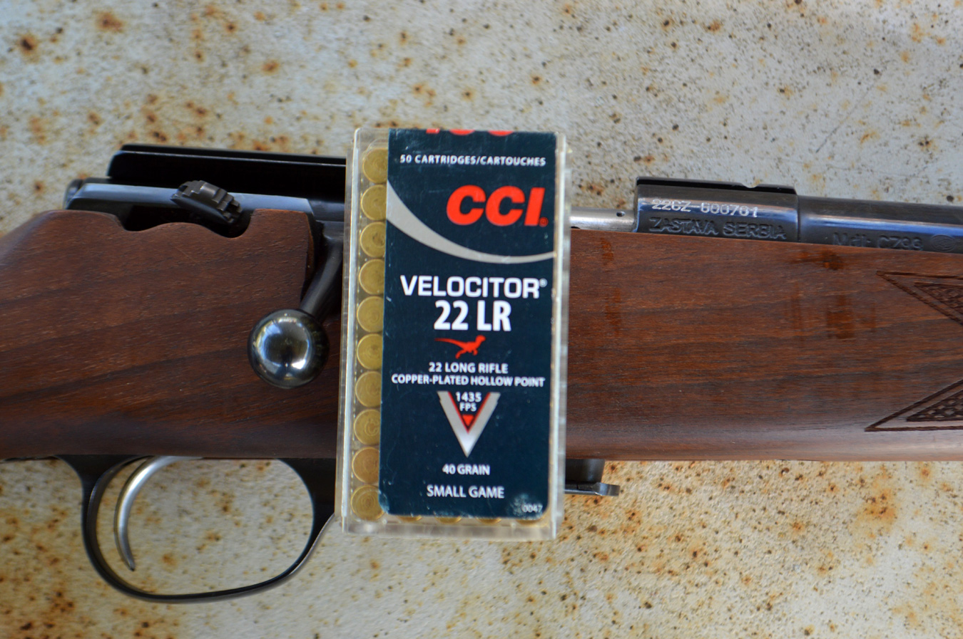 .22 LR bolt action rifle with CCI Velocitor ammunition box SHTF