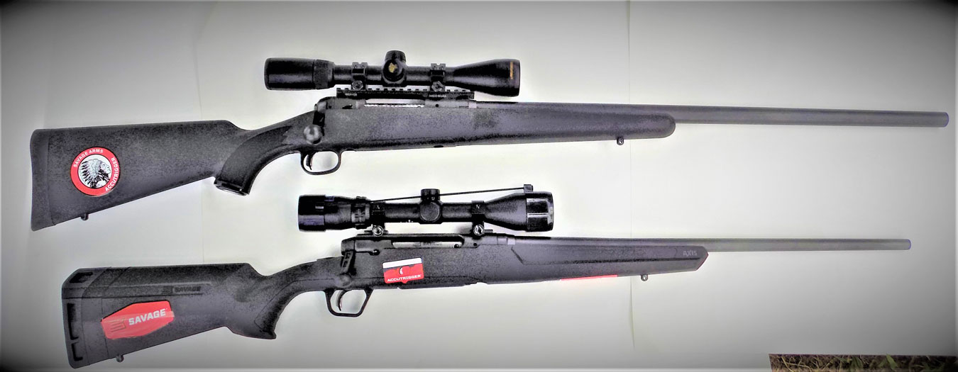 Savage Model 12 above, Savage Axis rifle below