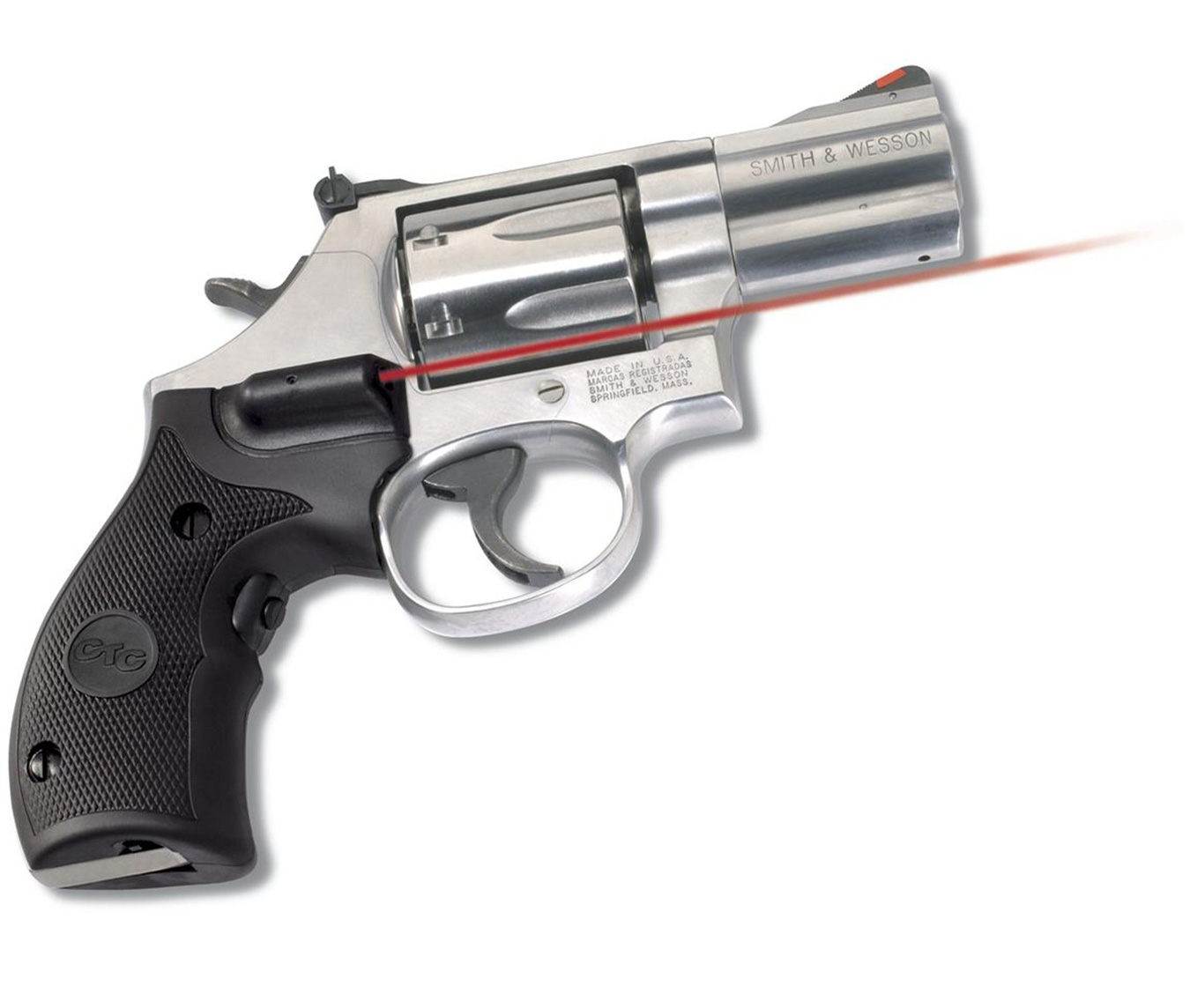 Chrome plated revolver with red Crimson trace lasergrip