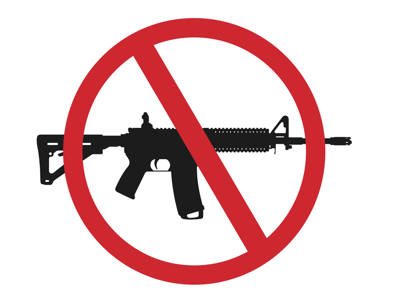 Silhouette of an AR-15 rifle with a red circle bar for assault weapons ban