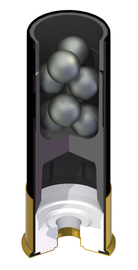 Cutaway drawing of a 00 buckshot shotshell for 12 gauge shotguns