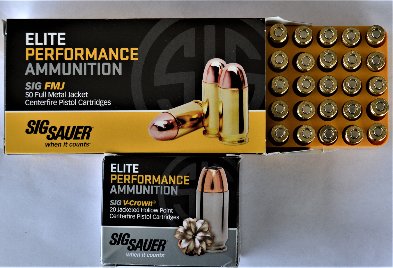 SIG Sauer Elite and V-Crown 10mm ammunition boxes
