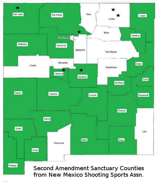 County map of New Mexico showing Second Amendment sanctuary counties opposing anti-Second Amendment law