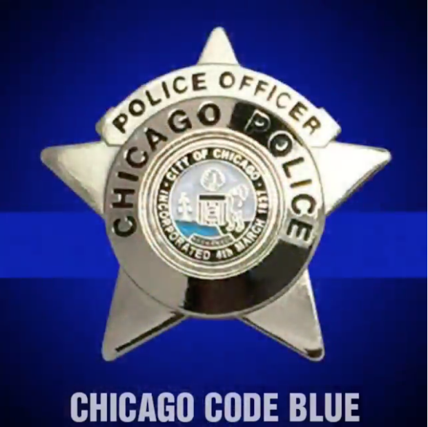 Chicago Code Blue badge and blue line logo to oppose gun control politicians