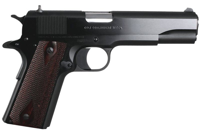 Colt 1991 series 1911 pistol black with wood grips right profile