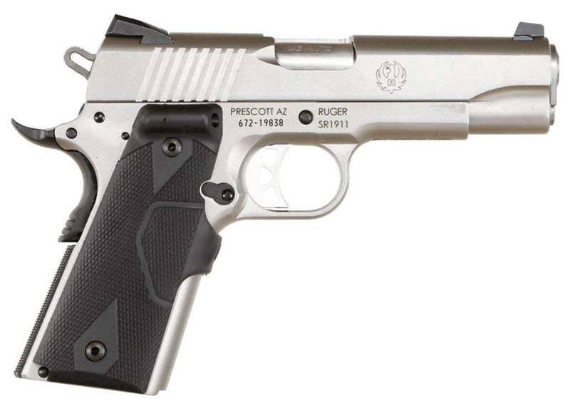 Ruger SR1911 pistol chrome with rubber grips right profile