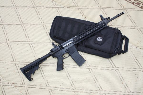 Ruger 566 AR-15 rifle on a black soft case, previously banned in Deerfield Illinois
