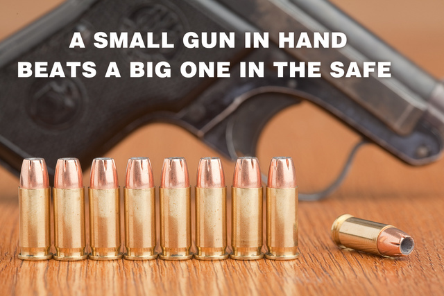 Small Caliber handgun on a table with several rounds of loose ammunition to dispel gun myths