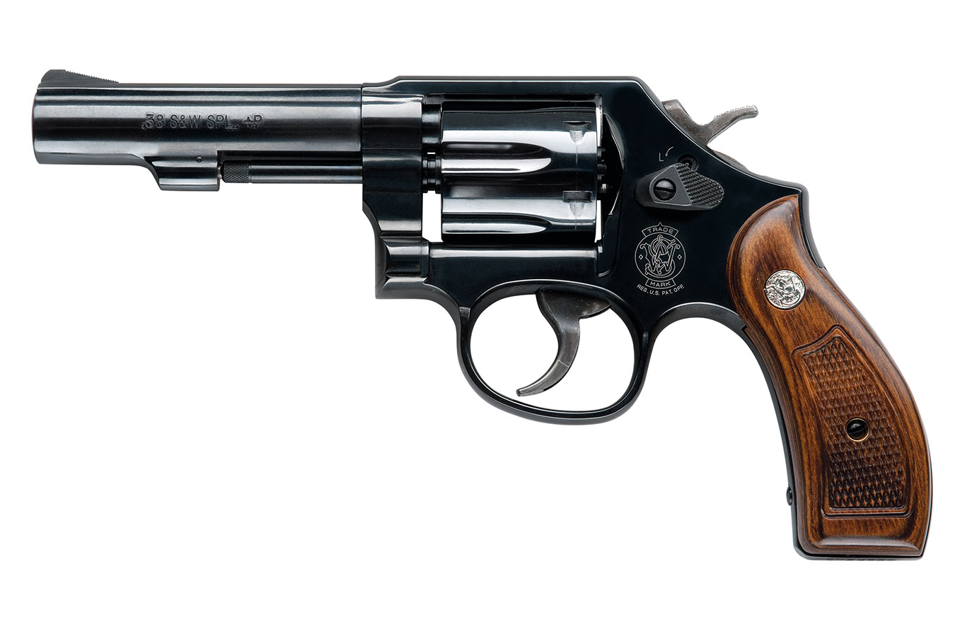 Classic Smith and Wesson Military and Police .38 Special, left profile with wood grip