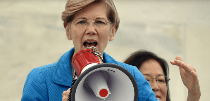 Senator Elizabeth Warren spewing through a megaphone how she will be the most anti-gun candidate