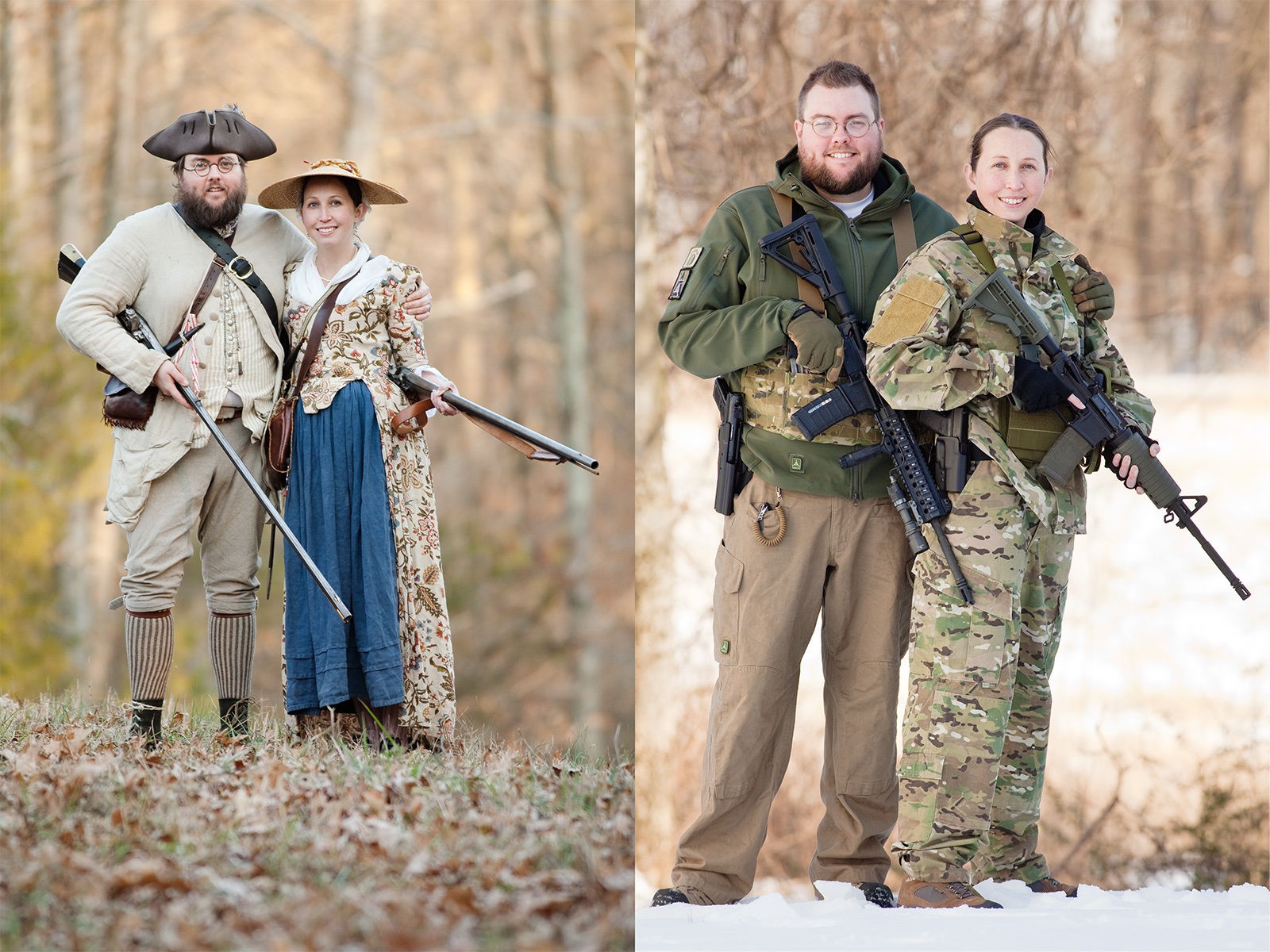 Split image showing a colonial era couple with rifles and modern day counterparts with AR-15s