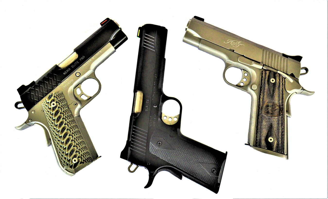 Left to right: 9mm, 10mm and .45 pistols from Kimber.