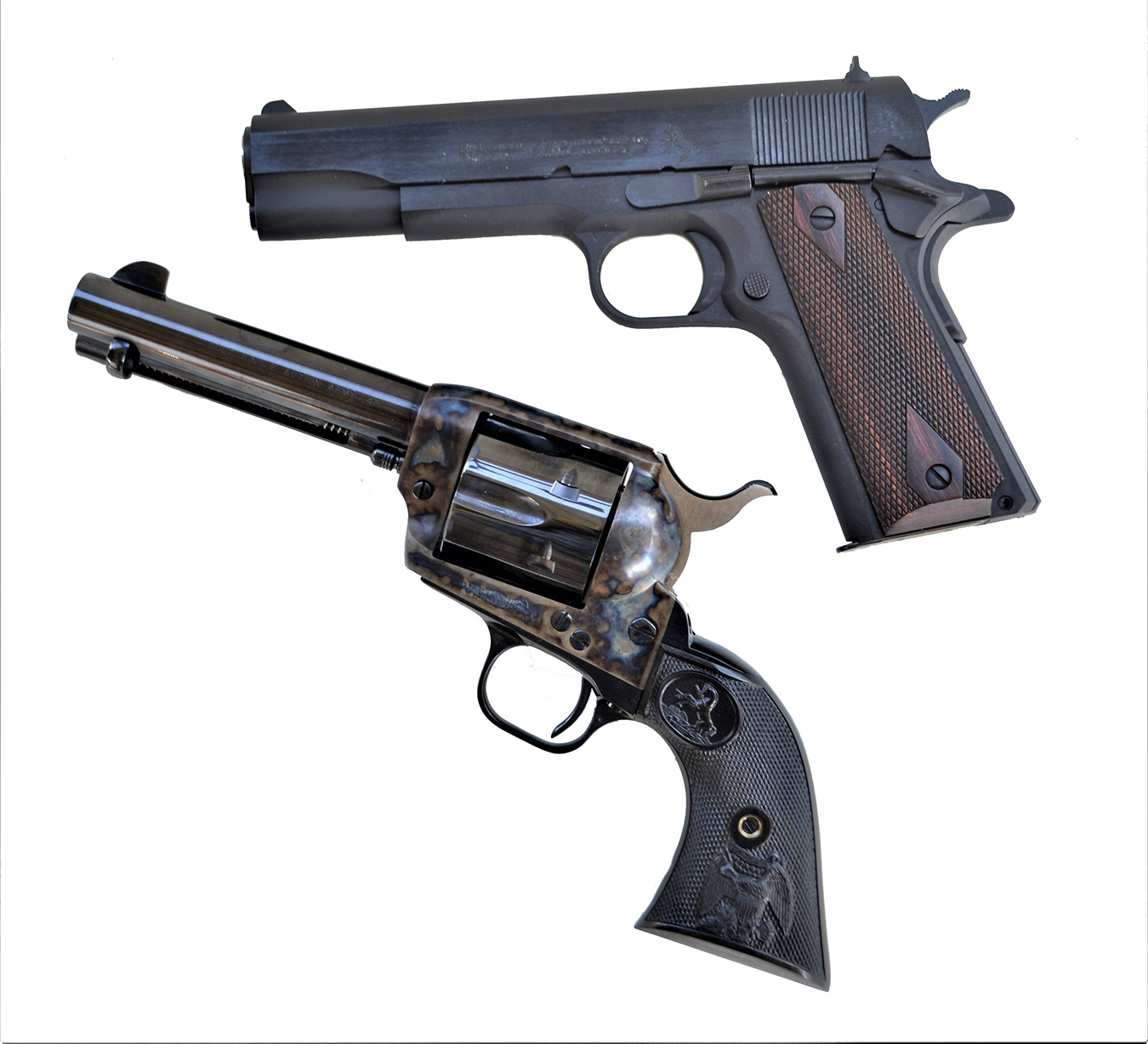 1911 .45 ACP pistol and .45 Long Colt revolver below