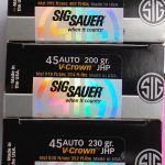 Multiple boxes of SIG Sauer 45 ACP ammunition