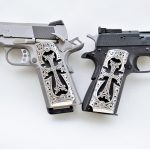 Engraved silver side plate grips for the 1911 pistol