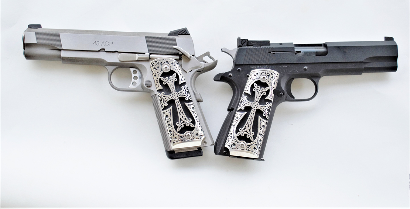 Engraved silver side plate grips for the 1911 pistol
