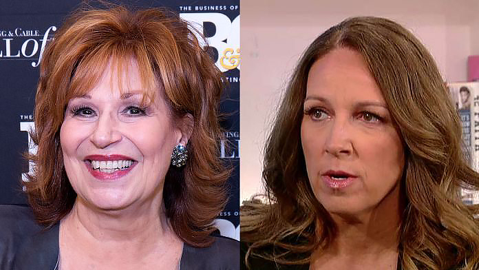 Split screen with Jo Behar on left and Dianna Muller on right discussing gun confiscation