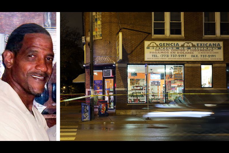 split screen of suspected armed robber and store front in Chicago where armed good guys came to the rescue
