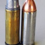 255-grain SWC handload on the left and Hornady FTX, right