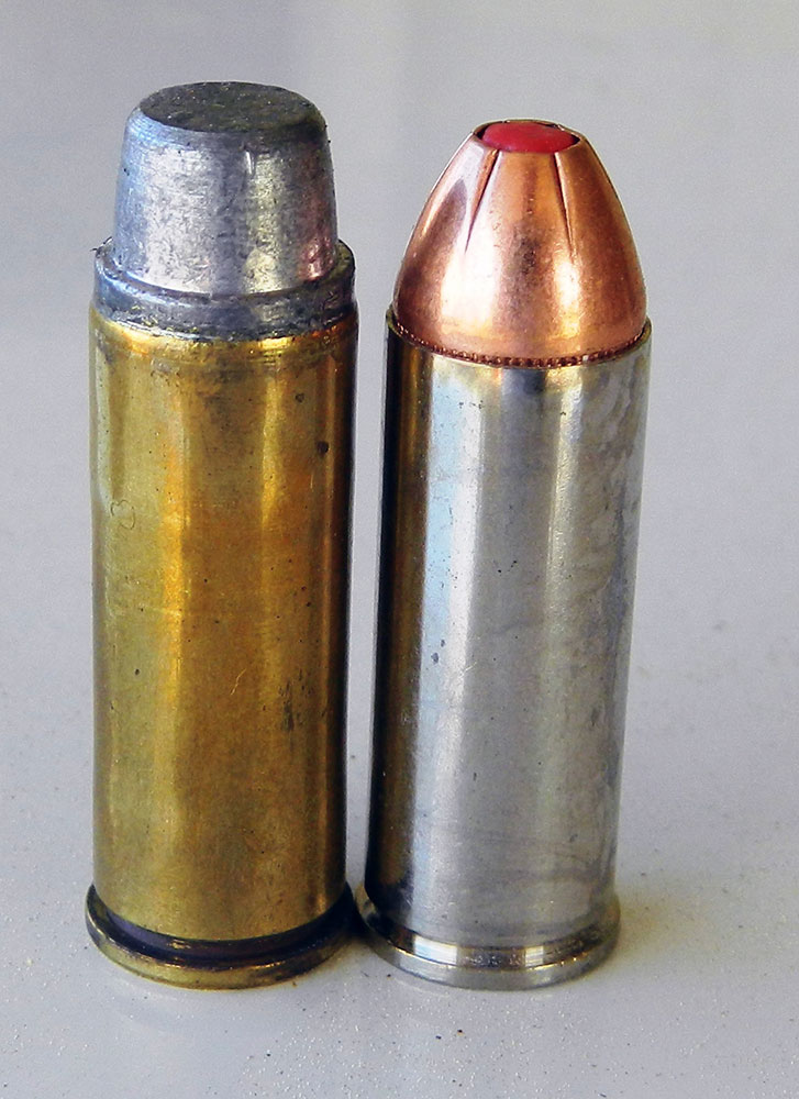 255-grain SWC handload on the left and Hornady FTX, right
