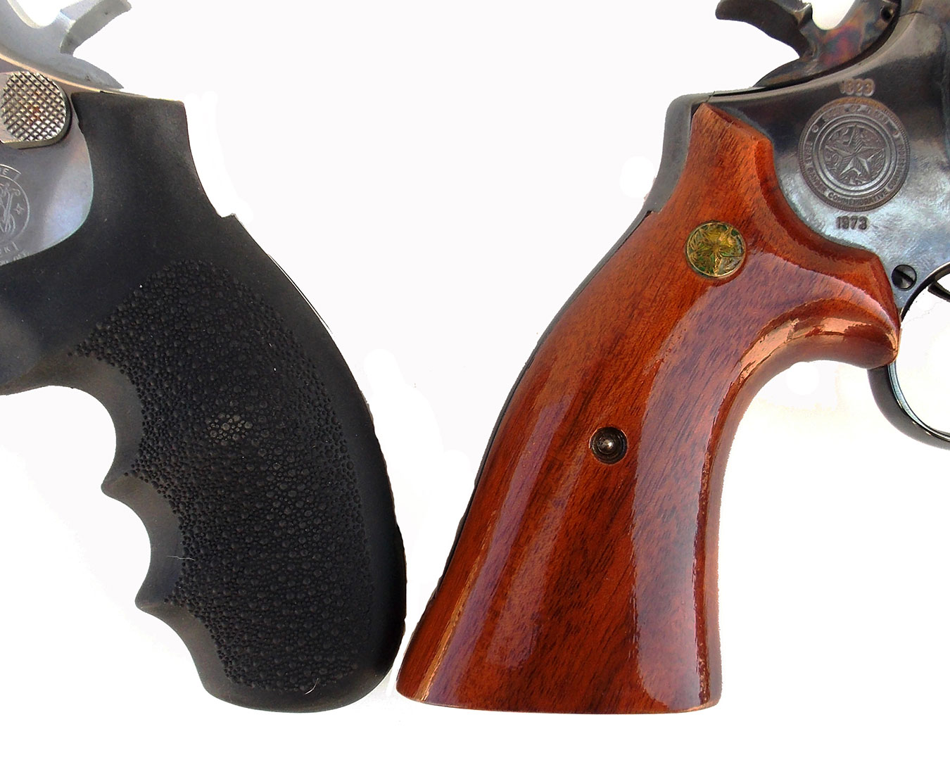 Round butt Smith and Wesson on left and square butt on right