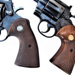 two Colt Python revolvers showing early versus later model grips