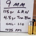 Missouri Bullet 115-grain RNL lead bullet with handwritten load data card