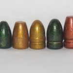 Lead bullets left to right- Bayou Bullets 115-grain, 125-grain TCB, 125-grain RNL, 135-grain RNL, and 147-grain FP.