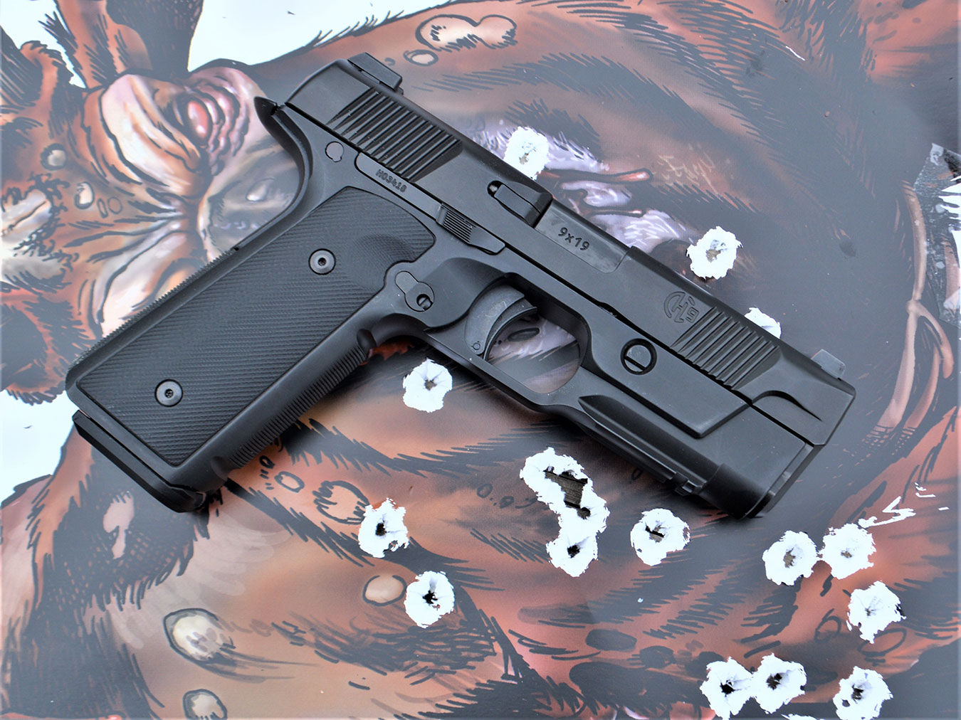 Pistol atop a nonstandard target without scoring rings