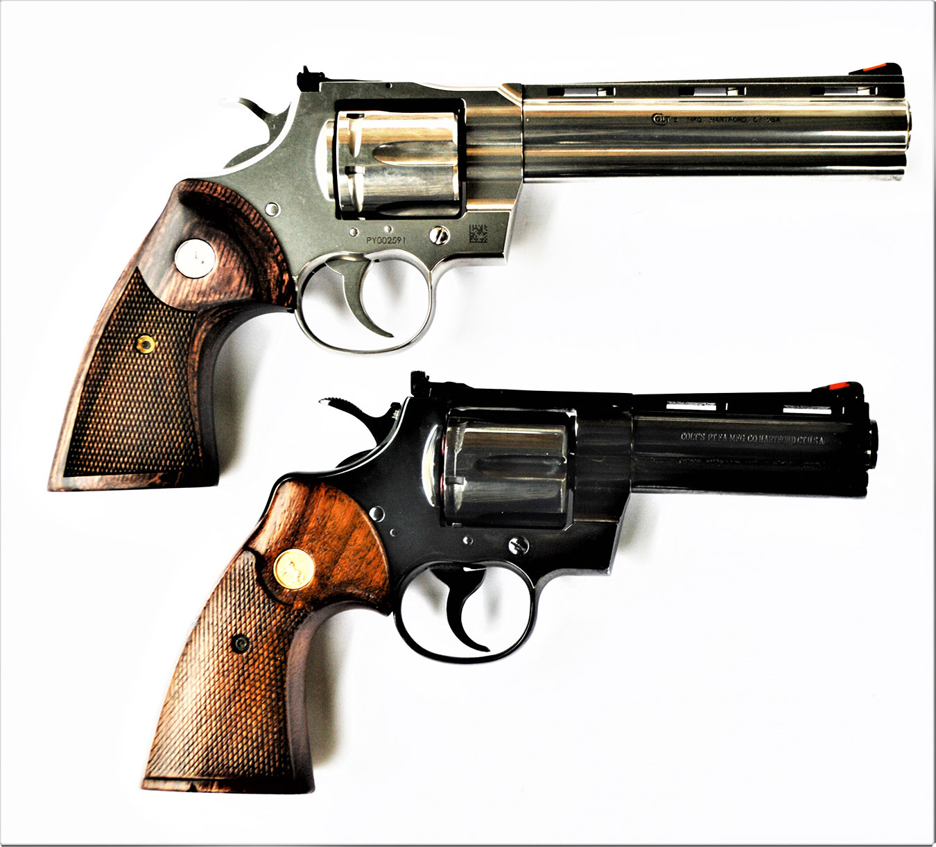 New Colt Python revolver, top, original Colt Python revolver below