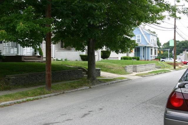 Urban street in America with trees and a house